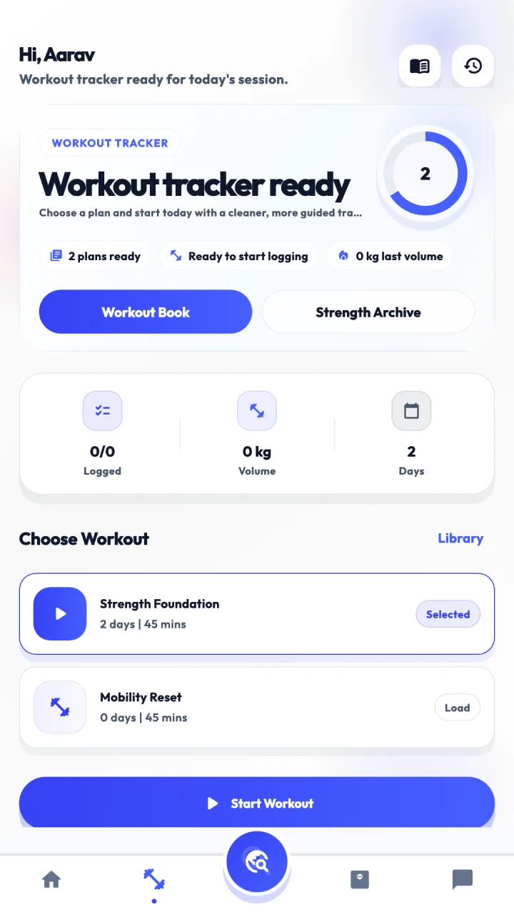 Atlas Member workouts screen showing assigned and personal workout plans.