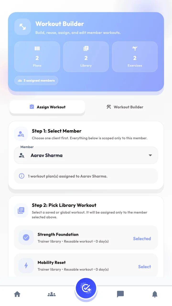 Atlas Trainer workout builder used to create and assign structured member plans.